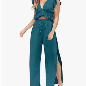 2 Pieces Outfit Deep V Neck CropTop SideSlit Drawstring WideLeg Pant Jumpsuit